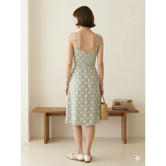 Capulet Sage Green Polka Dot Tie-Front Midi Dress Retro Minimalist Pockets Sz M - Picture 2 of 15